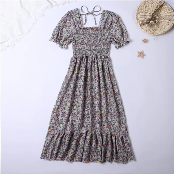 Summer Pleated Women Chiffon Dresses Casual Beach Holiday Short Sleeve Square Collar Woman Midi Dress Bohemian Mujer Vestidos - Image 6