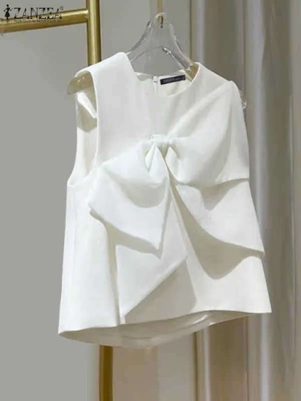 ZANZEA Sweety Sleeveless O-neck Tops Korean Chic Bow Tie Tanks 2024 Summer Beach Patchwork Tank Tops Women Solid O-neck Blouse - Image 3