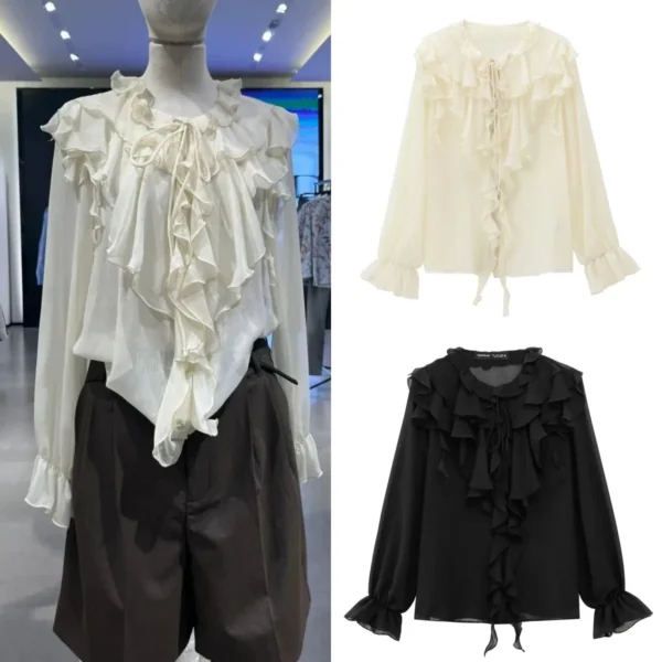 ETJ 2025 TRAF Spring New women's Sweet gentle fashion ruffled layered sexy translucent long-sleeved lace-up shirt