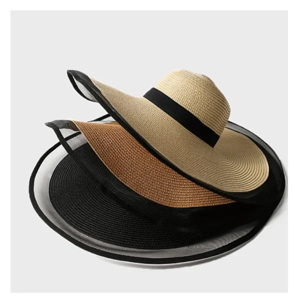 Women Sun Hat Big Eaves Waves Beach Cap Ladies Hat Big Brim Sun Visors UV Cut Bucket Panama Cap Foldable Straw Sunscreen Vintage - Image 3