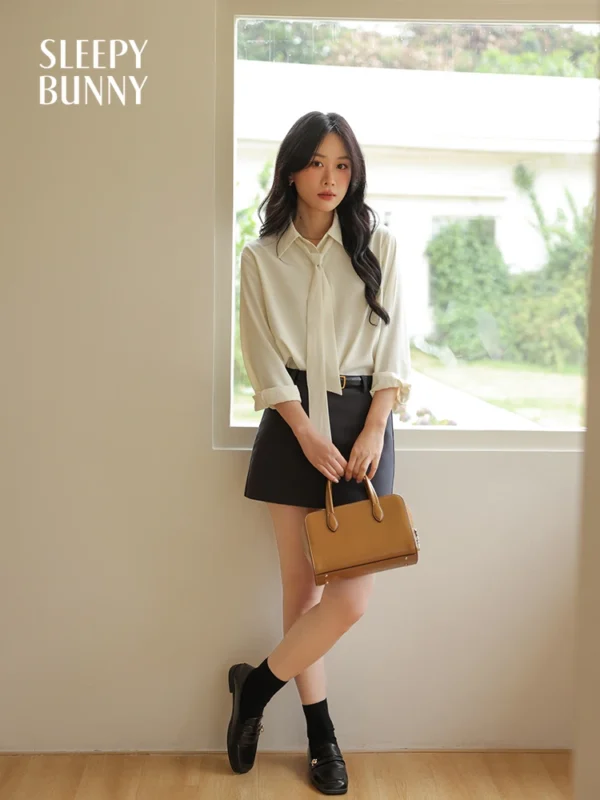 Women's French Style Long Sleeve Tie Blouse Spring Office Casual Elegant Loose Fit Button-Up Shirt for Work and Daily Wear - Image 4