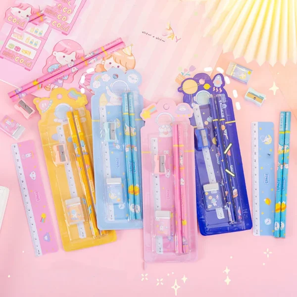 1 Set 4 Piece Stationery School Office Supplies Student Gift Prize Creative Kawaii Pencil Eraser Ruler Pencil Sharpener - Image 2