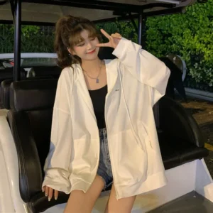 2024 Summer New Letter Loose-fit Slimming Ice Silk Sun Protection Long Sleeve Hooded Sweatshirt Jacket For Women White