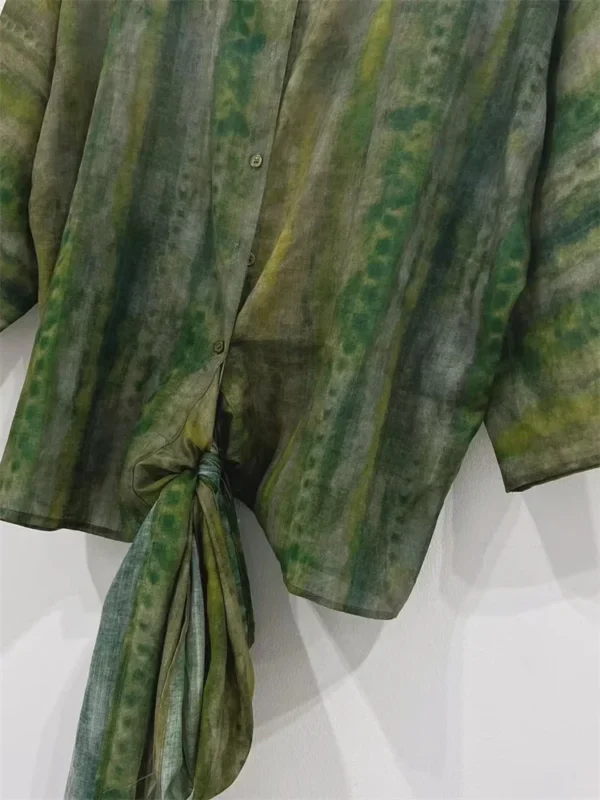 100% Ramie Shirt Women's Half Sleeve V-neck Green Printing Summer 2025 Lace-up Loose Female Blouse - Image 4
