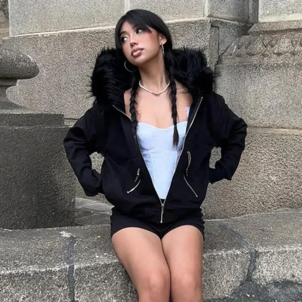 Warm Women Winter Coat with Hood High Street Style Zip-up Cardigan Hoodie with Zippered Pockets Loose Women Plush-lined Hoodie - Image 2
