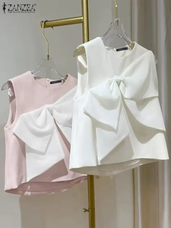 ZANZEA Sweety Sleeveless O-neck Tops Korean Chic Bow Tie Tanks 2024 Summer Beach Patchwork Tank Tops Women Solid O-neck Blouse - Image 4