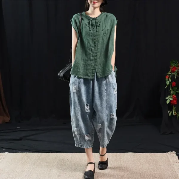 2023VintageArtistic WoodEarNeck Tie EthnicStyle VestTop Sleeveless InnerOuter Wear Women's CottonLinen Fabric - Image 3