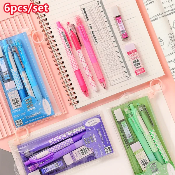 6pcs Exam Gel Pen Set, Mechanical Pencil , Gel Pens, 2B Pencil, Student Prize Holiday Gift School Supplies Office Stationery Set