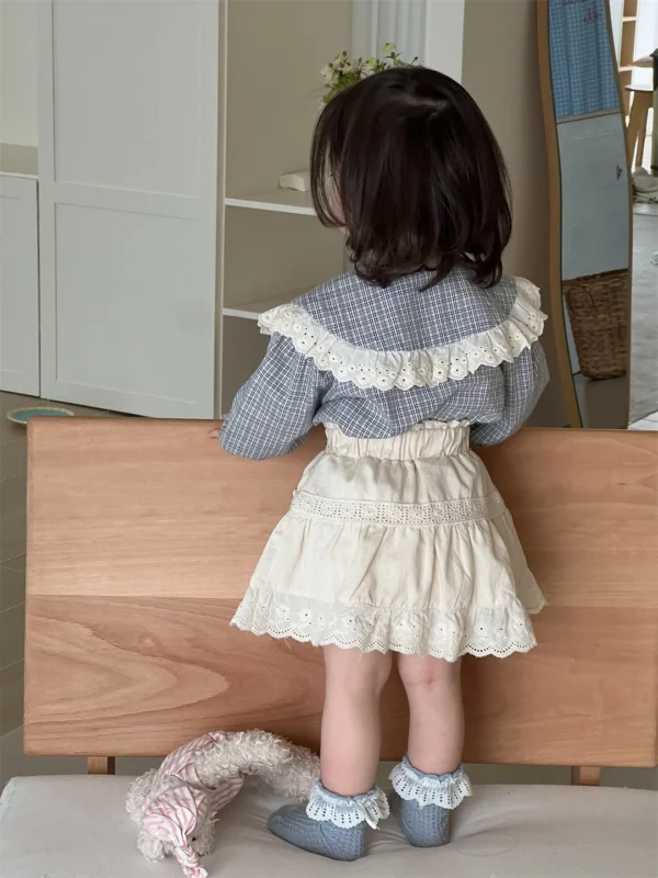 2025 Spring New Baby Girl Long Sleeve Plaid Shirts Kids Girls Lace Large Lapel Blouse Infant Cotton Tops Children Clothes - Image 3