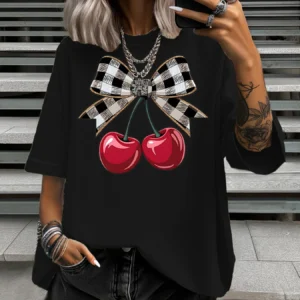 Women's Plus Size T-Shirt Original Design Fashion Bowknot Cherry Pattern Printed Women's Casual Round Neck Short Sleeved Tops