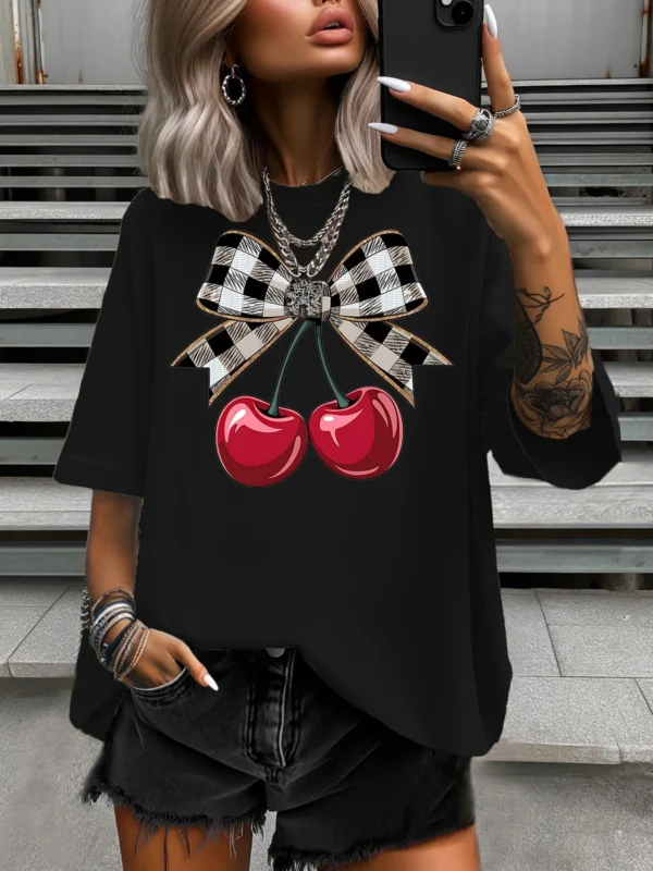 Women's Plus Size T-Shirt Original Design Fashion Bowknot Cherry Pattern Printed Women's Casual Round Neck Short Sleeved Tops