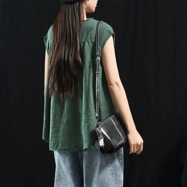 2023VintageArtistic WoodEarNeck Tie EthnicStyle VestTop Sleeveless InnerOuter Wear Women's CottonLinen Fabric - Image 2