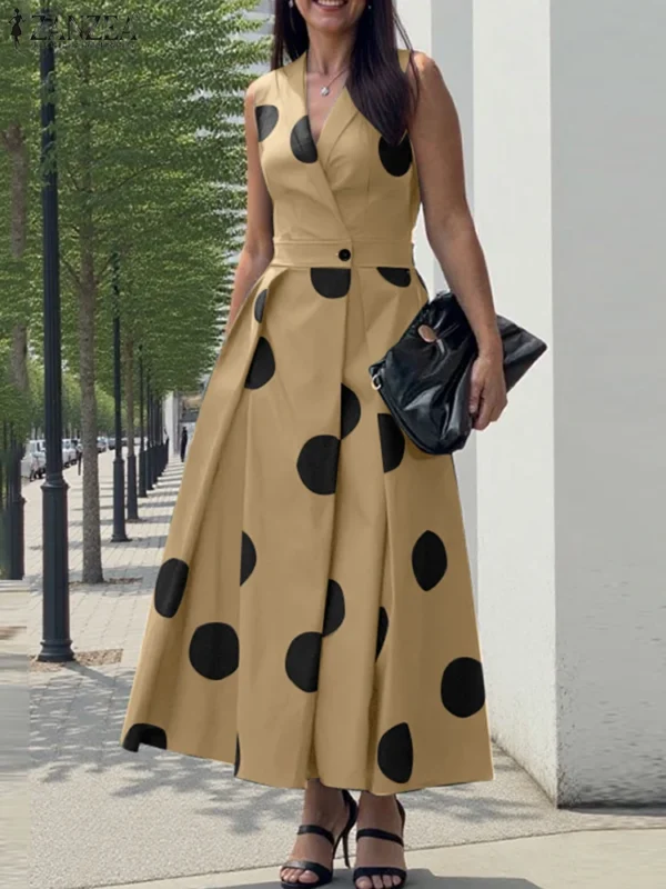 ZANZEA Summer Office Lady Sundress Woman Stylish Polka Dot Maxi Dresses Elegant Party Dress Fashion Sleeveless Holiday Robe 2025