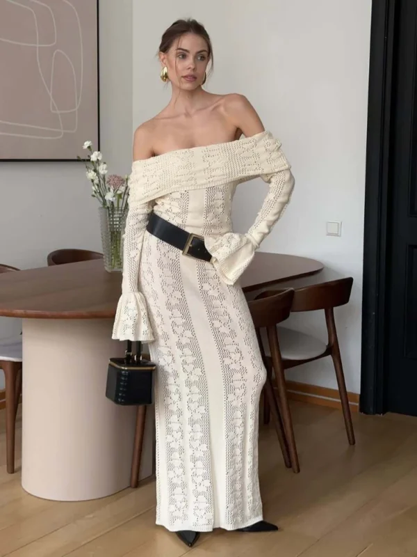 Elegant Crochet Knitted Maxi Dress Women Sexy Strapless Long Sleeve Slim Holidays Beach Dress Summer Hollow Out Chic Party Dress - Image 3