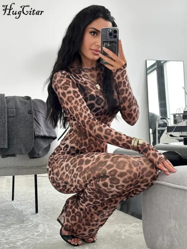 Hugcitar 2024 Leopard Print Mesh Long Sleeve Sexy Slim See Through Maxi Dress Fall Women Fashion Outfits Beach Vacation Club - Image 3
