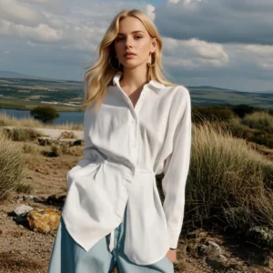 PB&ZA Women's Long - sleeved Collared Button - down Blouse with Side - tie Details for Summer for a Chic and Comfortable Look