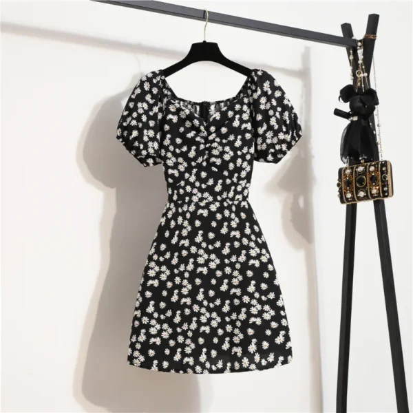 Women Mini Dresses Summer Fashion Female Vestidos Print Floral Chiffon Dresses Shirring Pleated Short Puffy Sleeve Casual Dress - Image 2