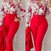Women's Printed Long Sleeved Shirt Suit Spring Summer Slim High Waist Lace Up Elegant Female Office Pencil Pants Two Piece Set - Image 6