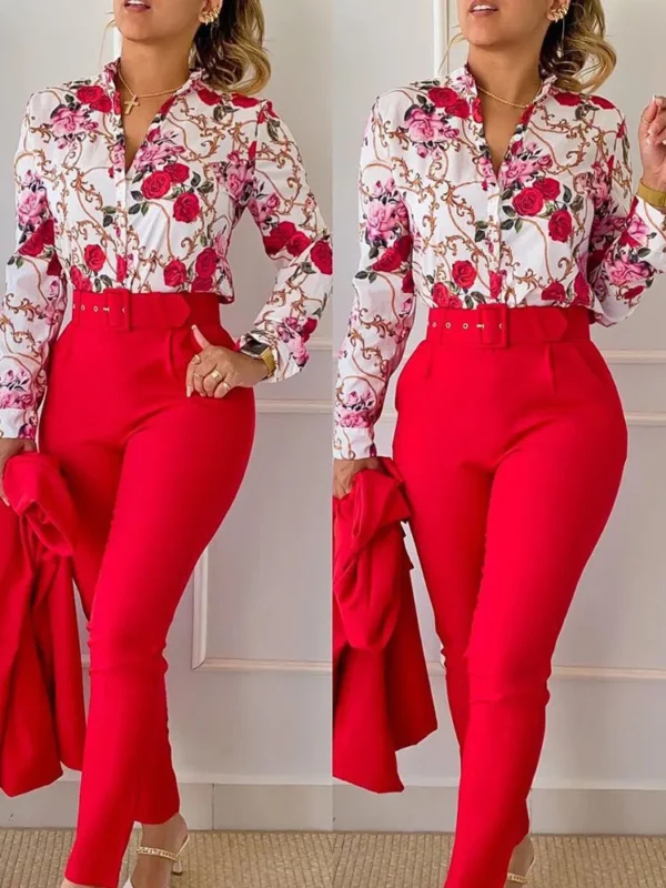 Women's Printed Long Sleeved Shirt Suit Spring Summer Slim High Waist Lace Up Elegant Female Office Pencil Pants Two Piece Set - Image 6