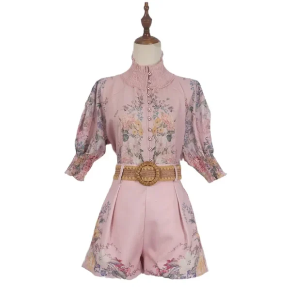 Australian Design Sense Printed High-End Cotton Linen Shirt with Bubble Sleeves Shorts And Belt Women's Fashion Spring Summer - Image 5