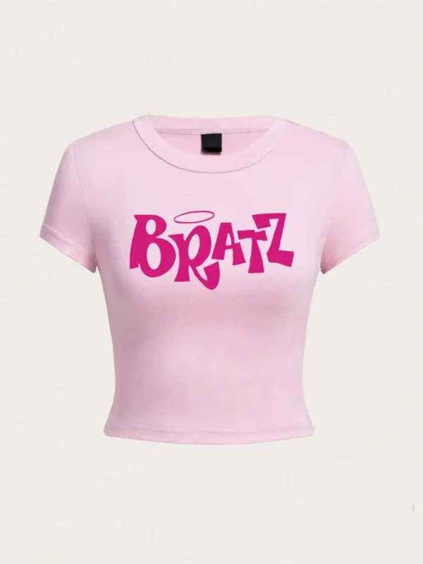 Personality Womens Crop T-Shirt Y2K Pink Bratz Letter Prints Short Sleeve High Elastic Soft O-Neck Tees Sexy Club Female Clothes