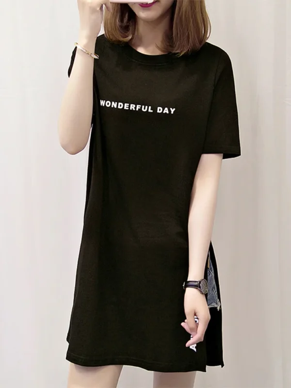 WONDERFUL DAY Print Long T shirts Summer Women Loose Slit Femme Tops Tshirt Short sleeve Ladies t-shirt - Image 2