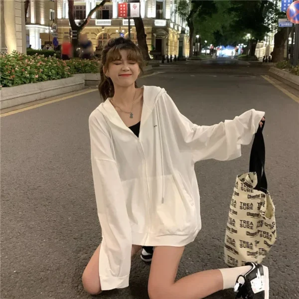 2024 Summer New Letter Loose-fit Slimming Ice Silk Sun Protection Long Sleeve Hooded Sweatshirt Jacket For Women White - Image 4
