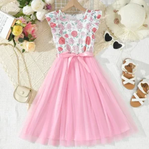 Child Girl Summer Clothing Floral Sleeveless Mesh Dresses Pastoral Fashion College Style Casual Costume for Kid Girl 8-12 Years
