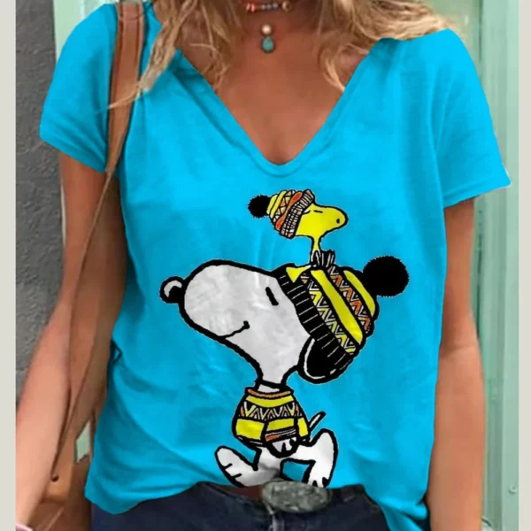 Fashion Snoopy Print Casual V-neck Top Tee Shirt Women Black White T-shirtWomen T Shirt Harajuku Short Sleeves T shirts - Image 2