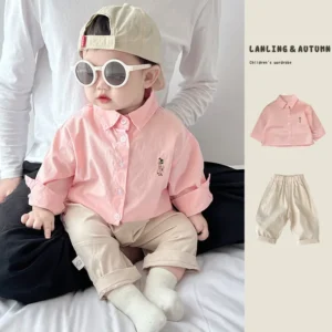 Boys Pure Cotton Long Sleeve Shirt Autumn Wear Children Baby Pink Spring Autumn Trendy Clothing Toddler Kids Fashionable Shirt