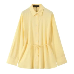 Women Oversize Shirt With Belt Spring Casual Linen Blend Long Sleeve Simple Female Shirts Women's Button Shirts & Blouse
