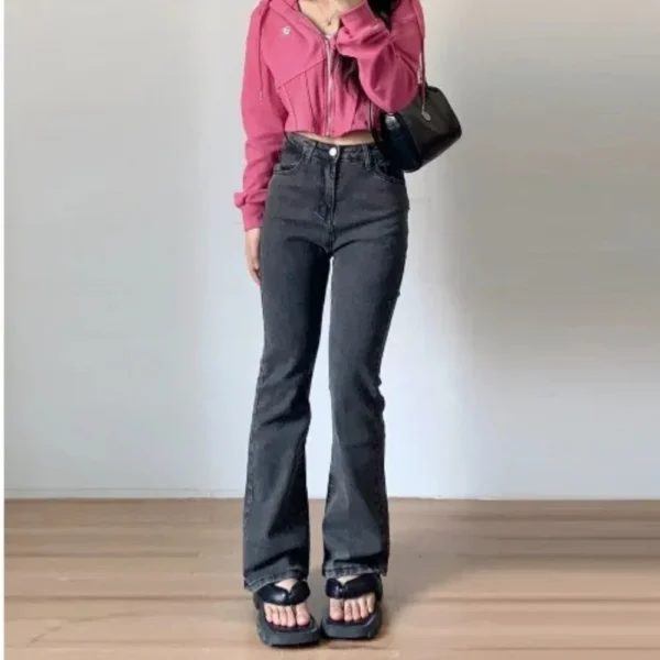 50 Short Man Brown Slightly Pull Jeans Women Gyaru Elastic Height Shoe Pants Autumn And Winter Xs Mop - Image 3