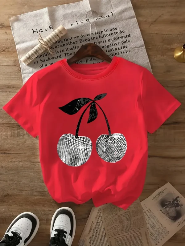New Korea style Silver Cherry Graphic Print T-Shirt Short Sleeve Crew Neck Casual Top for Summer & Spring Women' S Clothing - Image 2