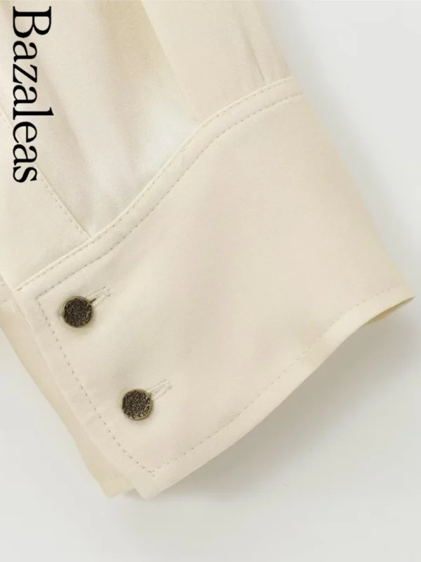 Bazaleas Traf Bandage Tie Blouse – Beige Women's Silk-Like Shirt, Elegant & Official Style - Image 6
