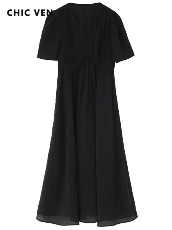 CHIC VEN Women Dresses French Style Vintage V-neck Puff Sleeve Long Dress Solid Black Loose Female Clothing Summer New 2023 - Image 5