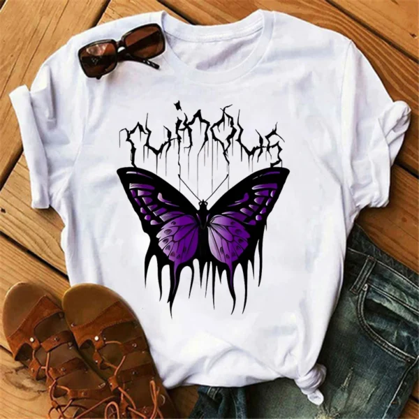 Women's Butterfly Tree Print Harajuku T-Shirt Round Neck Top Short Sleeve Casual Summer Tee Shirt - Image 2