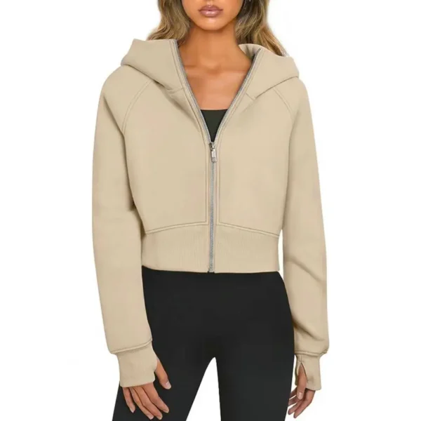 Women Fall Winter Coat Hooded Zip Up Soft Plush Loose Thick Cardigan Elastic Glove Cuff Sleeve Cropped Sweatshirt Hoodie Jacket - Image 3