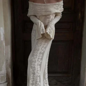 Elegant Crochet Knitted Maxi Dress Women Sexy Strapless Long Sleeve Slim Holidays Beach Dress Summer Hollow Out Chic Party Dress