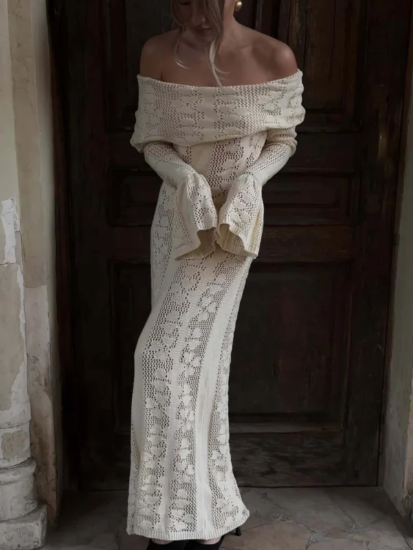 Elegant Crochet Knitted Maxi Dress Women Sexy Strapless Long Sleeve Slim Holidays Beach Dress Summer Hollow Out Chic Party Dress