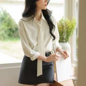 Women's French Style Long Sleeve Tie Blouse Spring Office Casual Elegant Loose Fit Button-Up Shirt for Work and Daily Wear