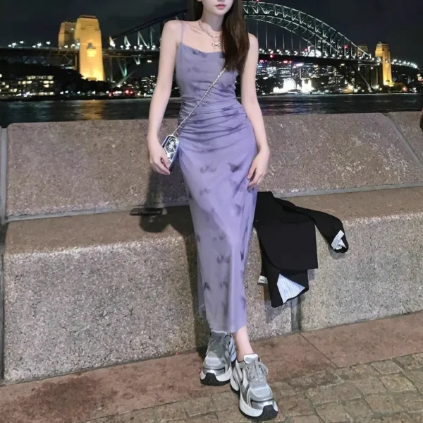 Women's French-style Purple Floral Spaghetti Strap Dress 2025 Spring Summer Beach Vacation Short / Long Female Dress Slim Fit - Image 4