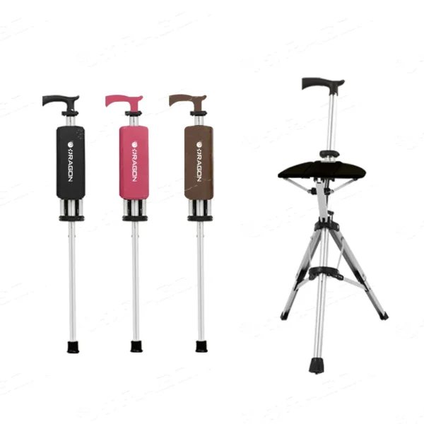 Folding Crutch Chair Aluminium Foldable Cane Chair Three Legged Cane Walking Stick with Stool - Image 2