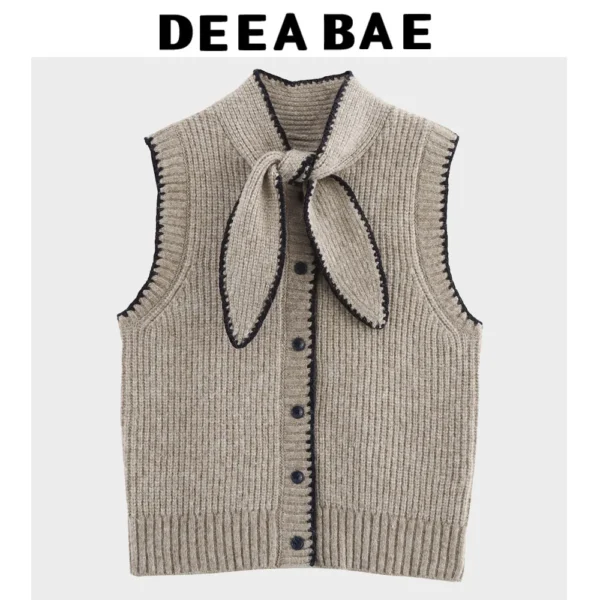 DEEABAE 2025 Women's Knit Vest – Embroidered, Lace-Up Bow Tie Sleeveless Top, Trendy & Sweet"