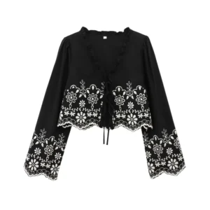 UNIZERA Women's Hollowed-Out Embroidered V-Neck Top with Lace-Up Detail – New Spring & Summer Casual Collection