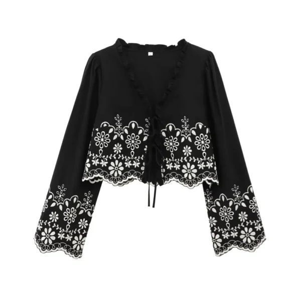 UNIZERA Women's Hollowed-Out Embroidered V-Neck Top with Lace-Up Detail – New Spring & Summer Casual Collection