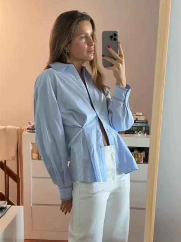 TRAFZA Women Fashion Solid Long Sleeves Turn-Down Collar Waist Button Design Shirts Female Spring Single-breasted Oxford Blouses - Image 2