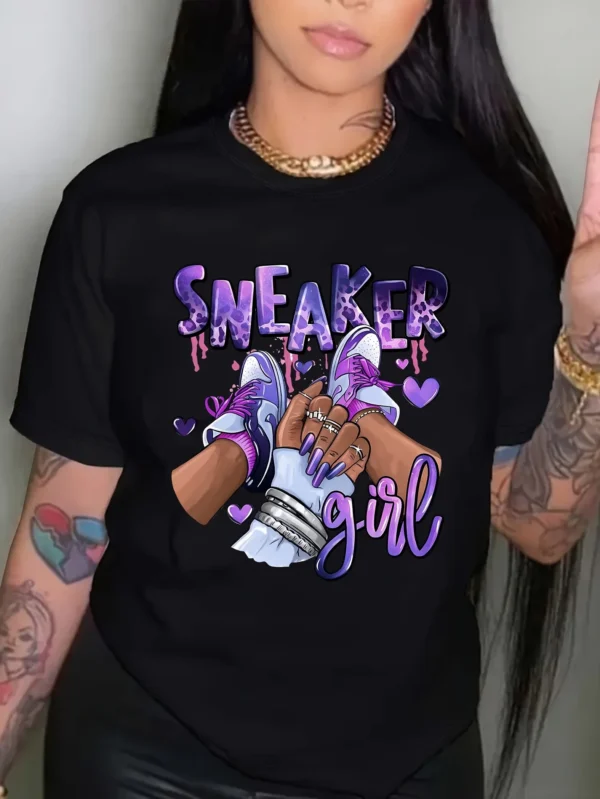 Sneaker Girl Graphic Print T-shirt, Casual Short Sleeve Crew Neck Top, Women's Clothing - Image 2