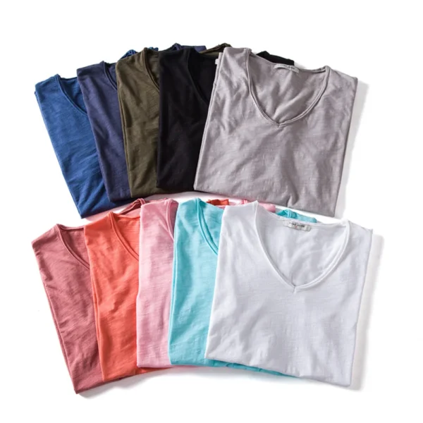AIOPESON 100% Cotton Men T-shirt V-neck Fashion Design Slim Fit Soild T-shirts Male Tops Tees Short Sleeve T Shirt For Men - Image 2