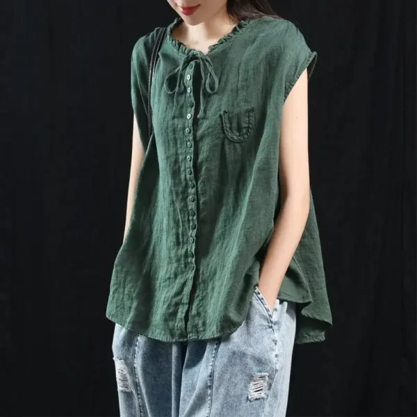 2023VintageArtistic WoodEarNeck Tie EthnicStyle VestTop Sleeveless InnerOuter Wear Women's CottonLinen Fabric