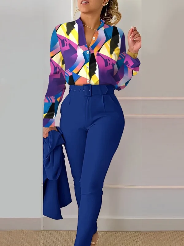 Women's Printed Long Sleeved Shirt Suit Spring Summer Slim High Waist Lace Up Elegant Female Office Pencil Pants Two Piece Set - Image 3